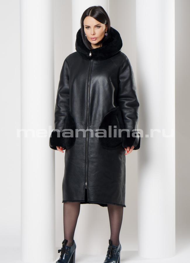 Дубленка из овчины на молнии с капюшоном модель № 3486 в кредит