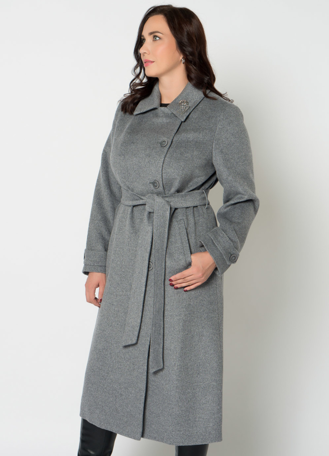 Женское пальто серого цвета с поясом модель № 21373 в кредит