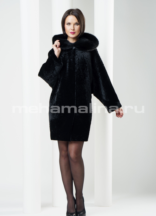 Шуба астраган с норкой, прямой силуэт модель № S-210 меха малина