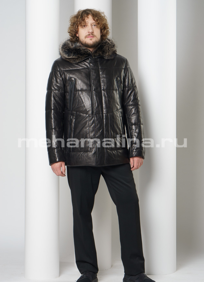 Кожаный пуховик с капюшоном отделка енот модель № ПМ-108 в кредит