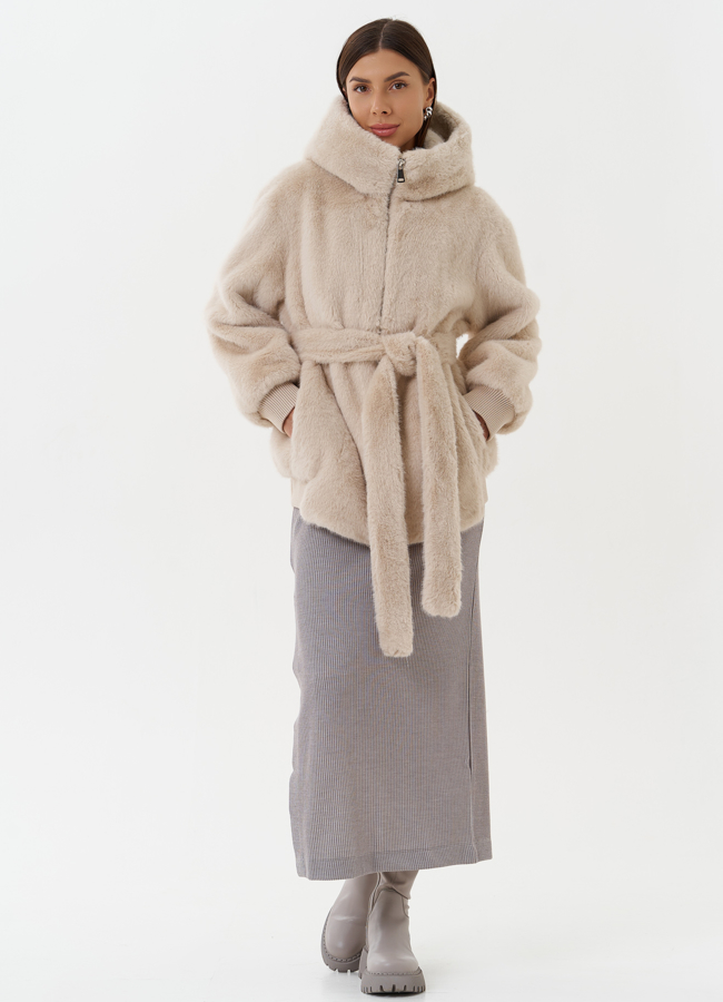 Куртка из эко меха с поясом модель № 27789 меха малина