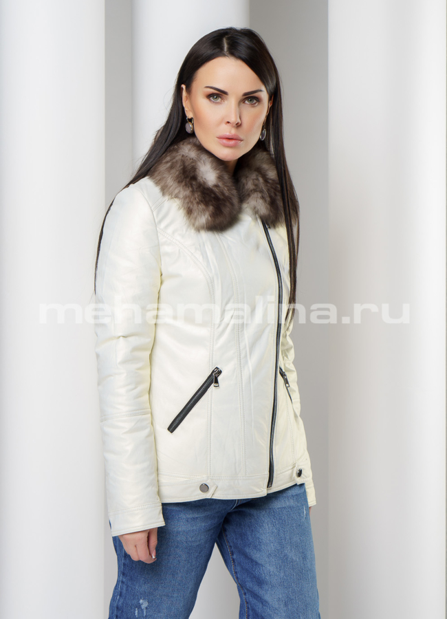 Утепленная куртка из эко кожи модель № 19899 меха малина