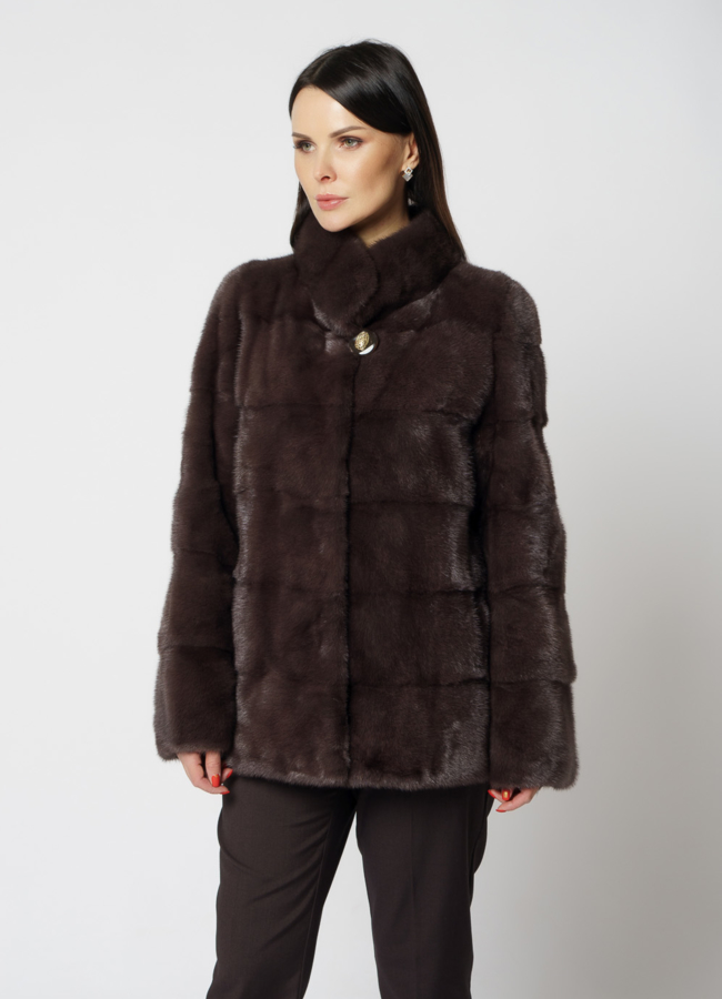 Укороченная норковая шуба с воротником стойкой  модель № S-817 меха малина
