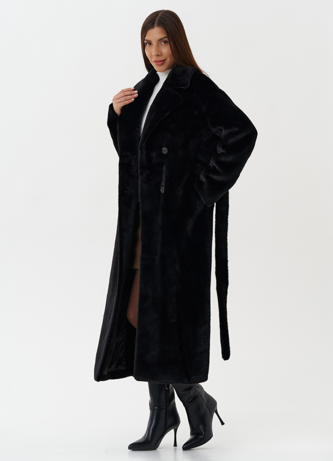 Двубортное пальто из эко меха модель № 27722 универмаг малина