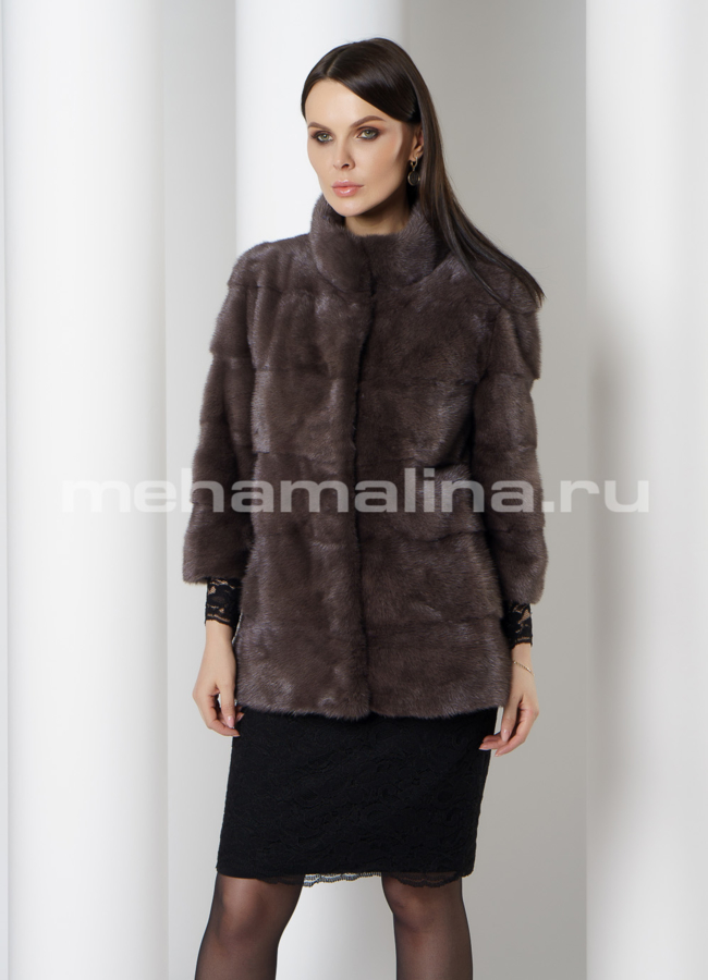 Поперечная норковая шуба трансформер в цвете уголь модель № 2105 в кредит