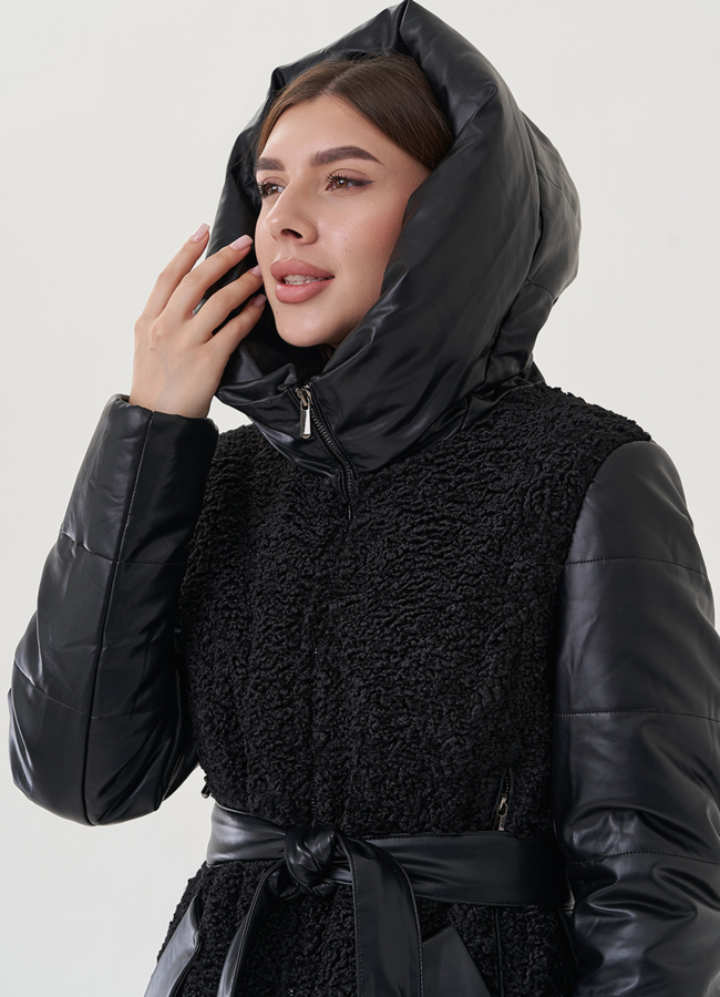 Пуховик из эко кожи с капюшоном модель № 25342 универмаг малина