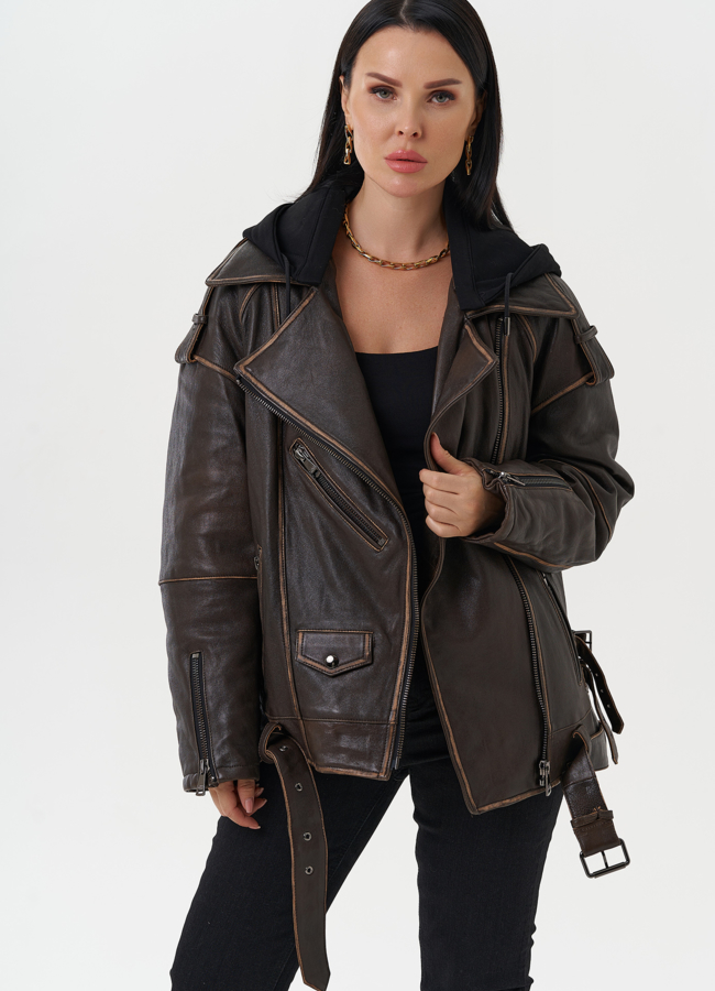 Куртка из натуральной кожи под винтаж модель № 28117 меха малина