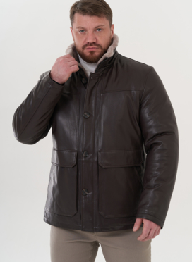 Пуховик из натуральной кожи с капюшоном