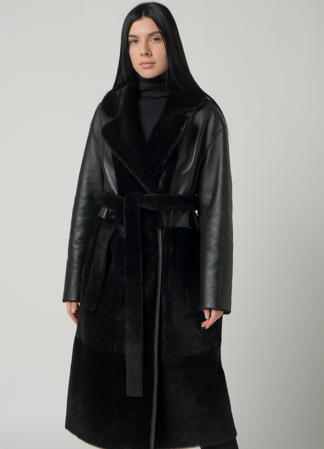 фото Двусторонняя женская дубленка с английским воротником модель № 22246