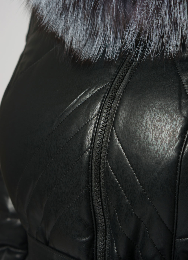 Черный пуховик с чернобуркой из эко кожи модель № 18257 универмаг малина