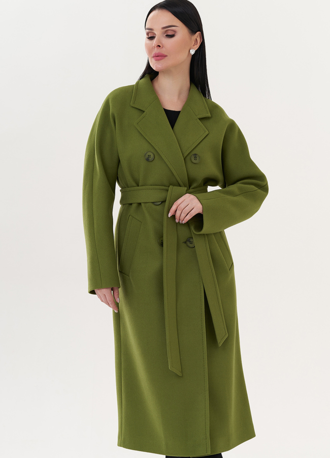Женское пальто в зеленом цвете модель № 26421 меха малина