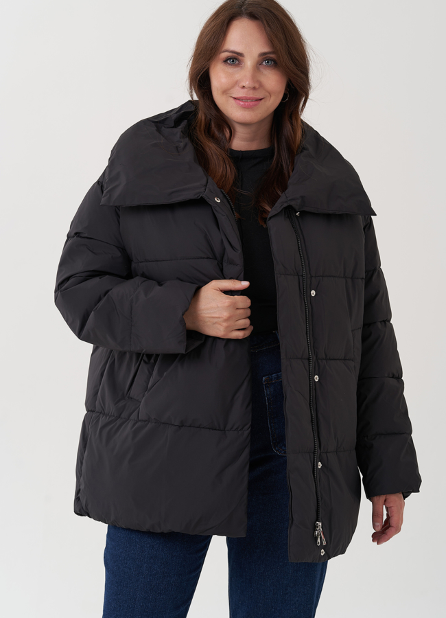 Женский пуховик с капюшоном черного цвета  модель № 25566 универмаг малина