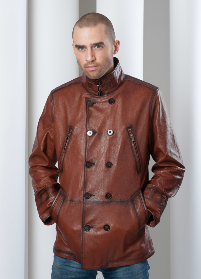 Кожаная куртка с затемненными швами, цвет рыжий модель № KP-36 в кредит