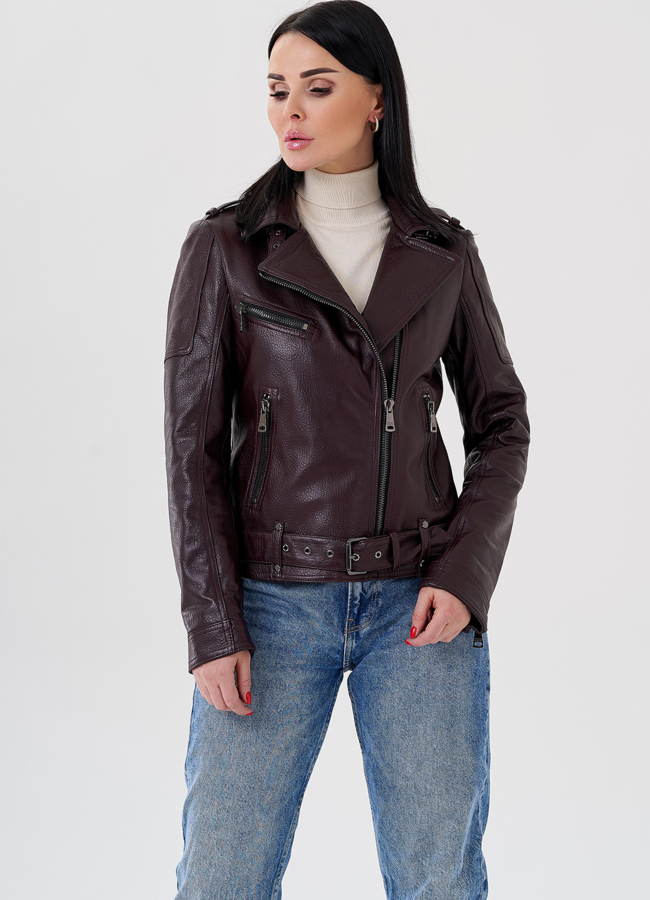 Женская куртка-косуха из натуральной кожи модель № 21163 меха малина Женская куртка-косуха из натуральной кожи модель № 21163 меха малина