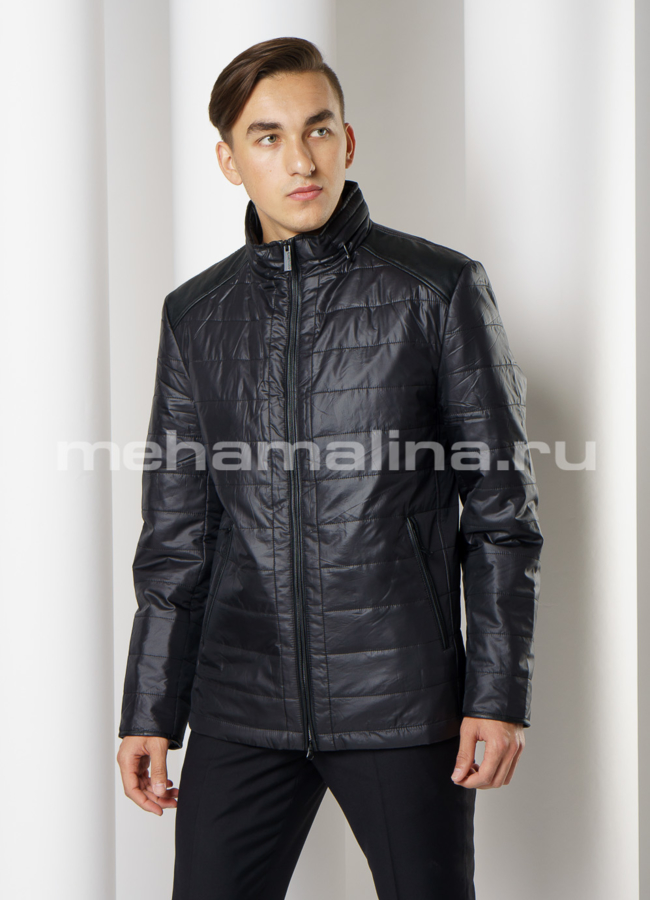 Утепленная куртка из эко кожи черного цвета на молнии модель № 1919 меха малина