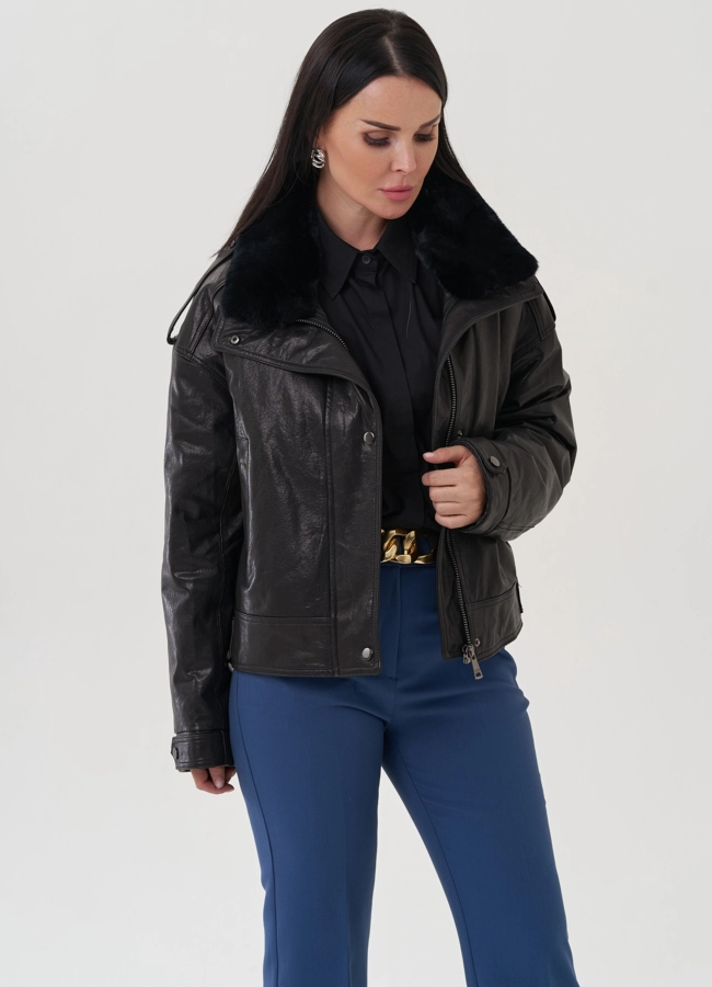 Куртка из натуральной кожи с отделкой из меха кролика модель № 25380 универмаг малина