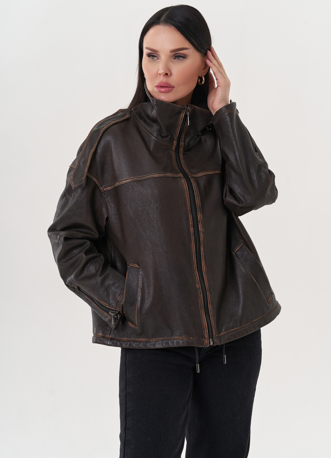 Кожаная куртка коричневого цвета модель № 26845 меха малина