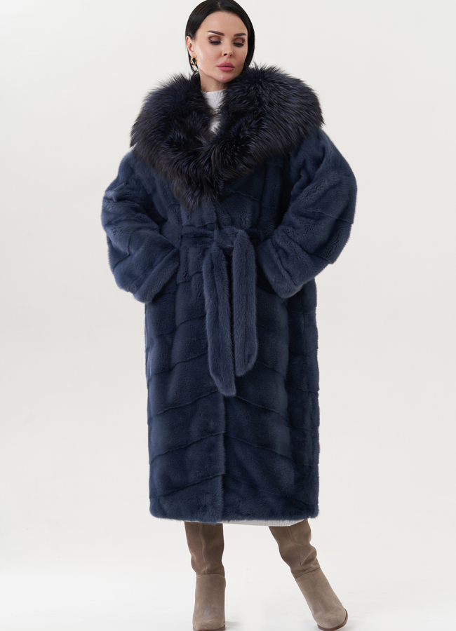 фото Шуба из норки голубого цвета с капюшоном модель № 26753