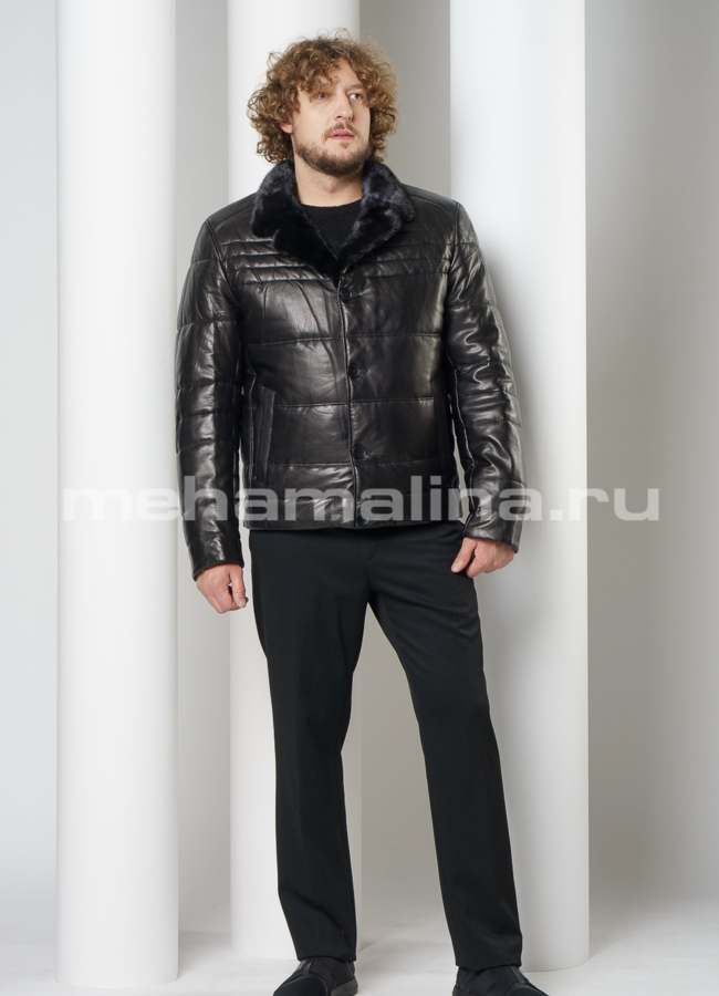 фото Мужской кожаный пуховик на пуговицах  модель № ПМ-111