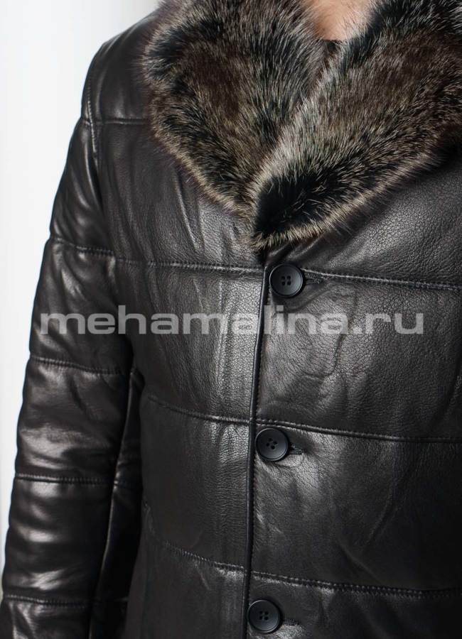 Пуховик из натуральной кожи на пуговицах с английским воротником модель № ПМ-105 в рассрочку