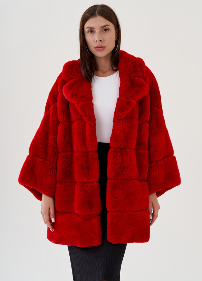 Полупальто из меха кролика в красном цвете с английским воротником модель № 81495 универмаг малина