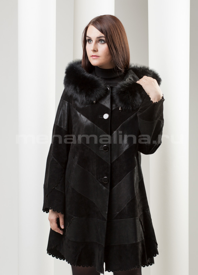 Манто из натуральной замши модель № K-154 меха малина