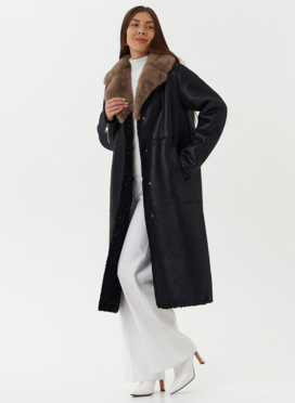 Длинная дубленка из эко кожи с английским воротником