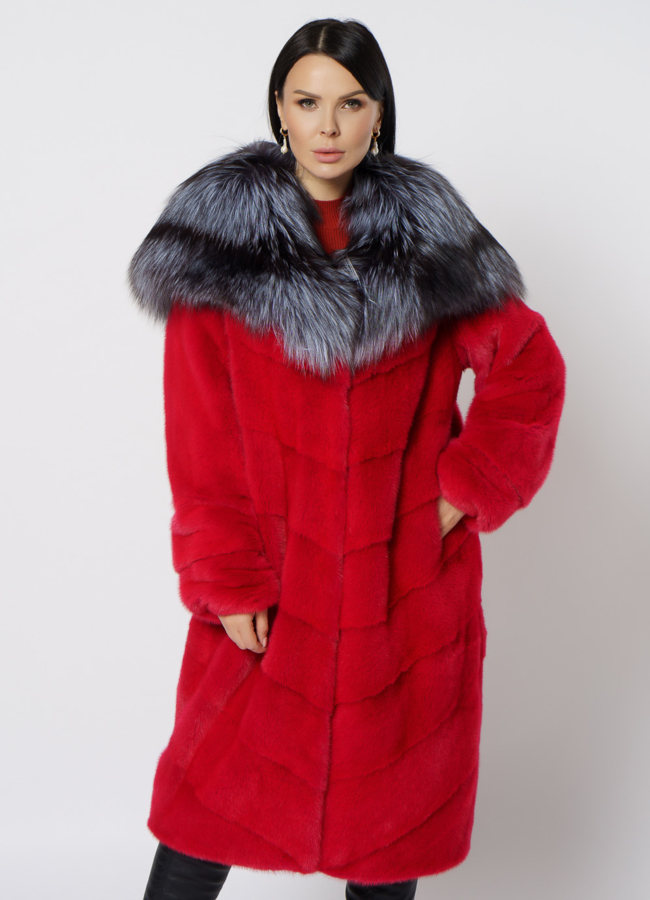 Шуба из норки красного цвета модель № 21687 в кредит