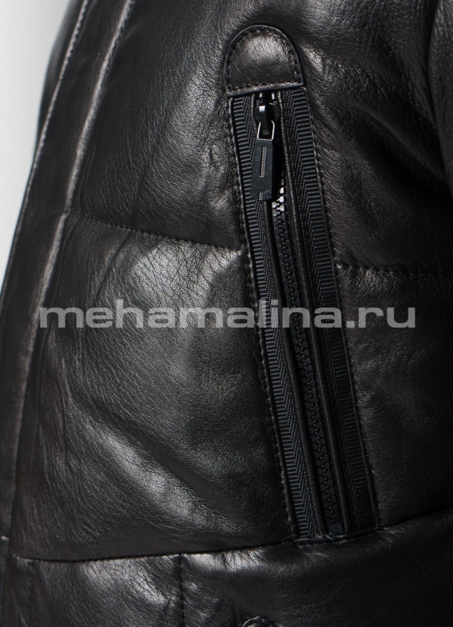 Кожаный пуховик с капюшоном отделка енот модель № ПМ-108 универмаг малина