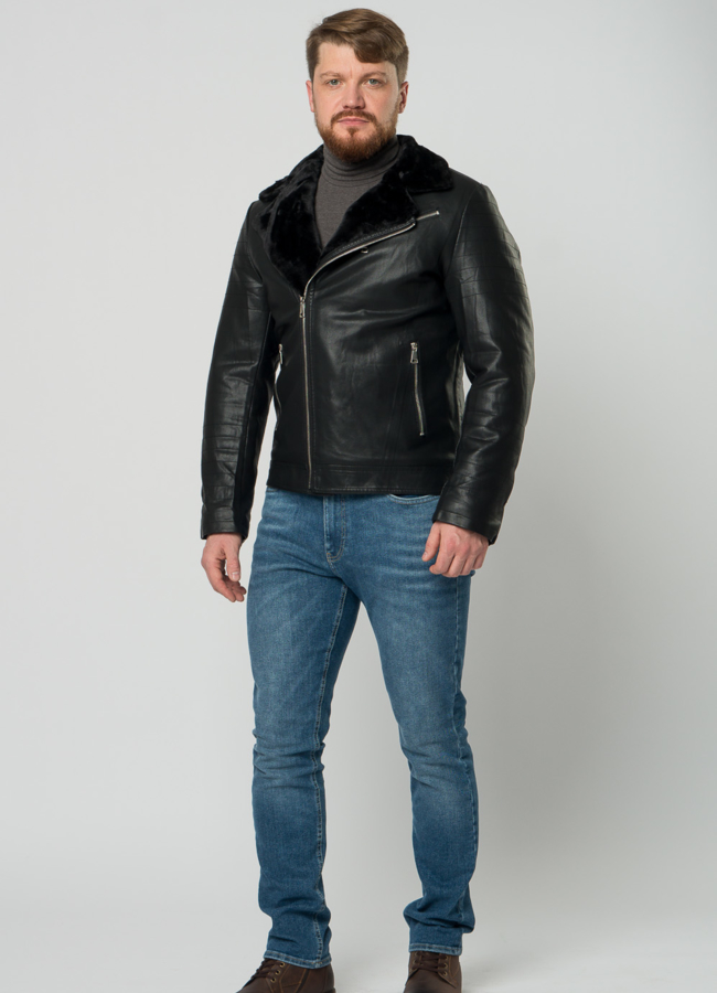 фото Мужская эко дубленка-косуха черного цвета модель № 21966