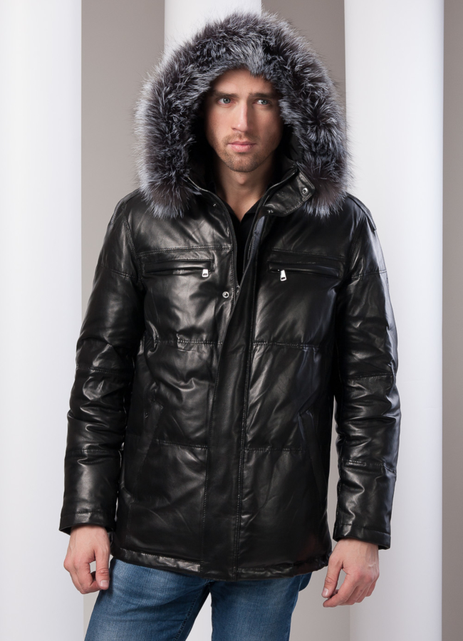 Кожаный пуховик модель № ПМ-43 меха малина