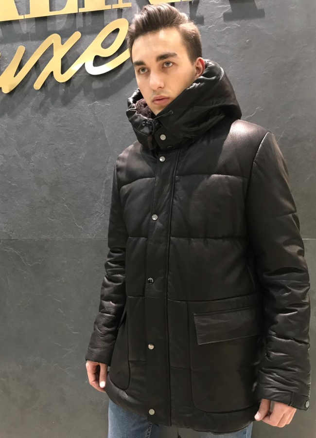 Кожаный пуховик модель № 9790 меха малина