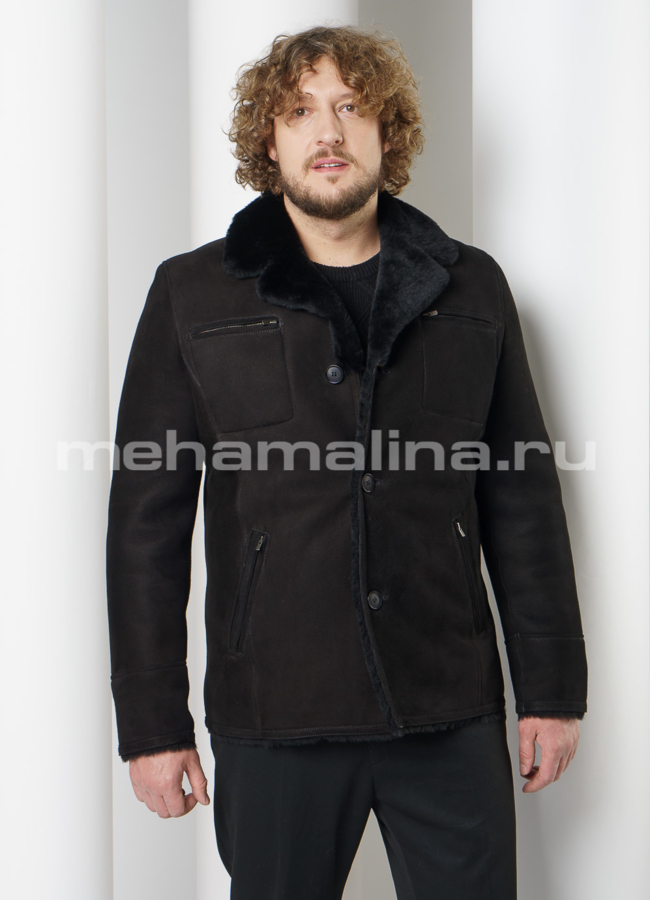 Мужская дубленка на пуговицах, цвет черный модель № DM-123 универмаг малина