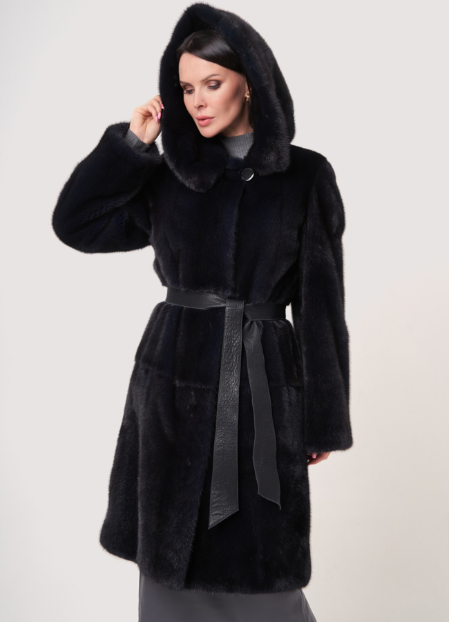 Шуба из норки с кожаным поясом модель № S-759 в кредит