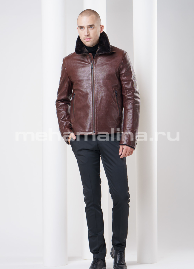 Дубленка на молнии, цвет коричневый модель № DM-73 меха малина