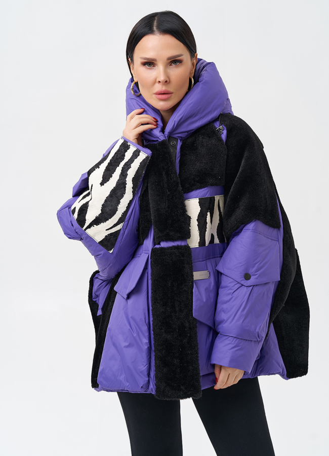 фото Комбинированный женский пуховик с капюшоном модель № 28374