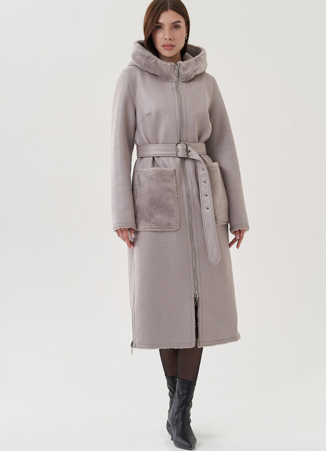 Двухсторонняя дубленка из эко замши модель № 25412 меха малина