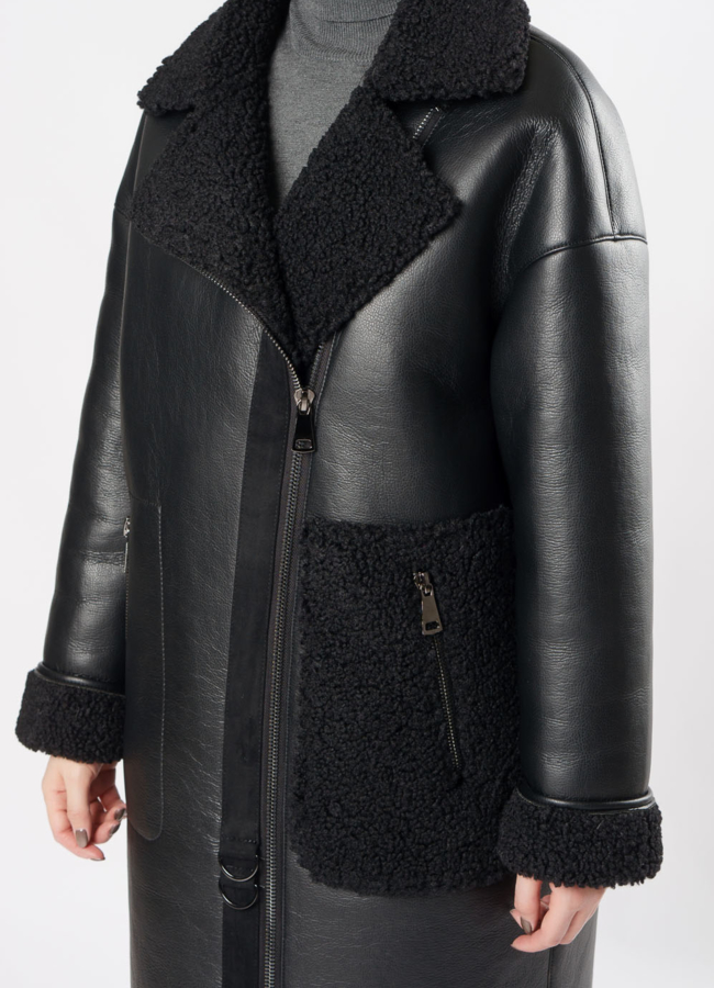 Дубленка из эко кожи черного цвета на молнии модель № 2026-2 универмаг малина