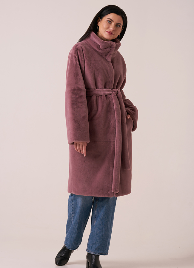 Двустороннее пальто из искусственного меха   модель № 1081 меха малина