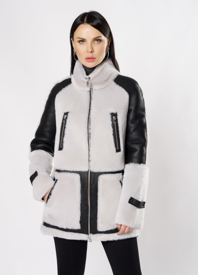 Дубленка пилот из натуральной кожи  модель № 3634 меха малина