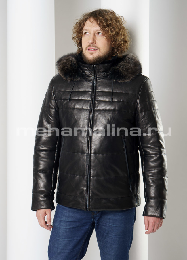 Мужской пуховик с капюшоном на молнии модель № KP-233 меха малина