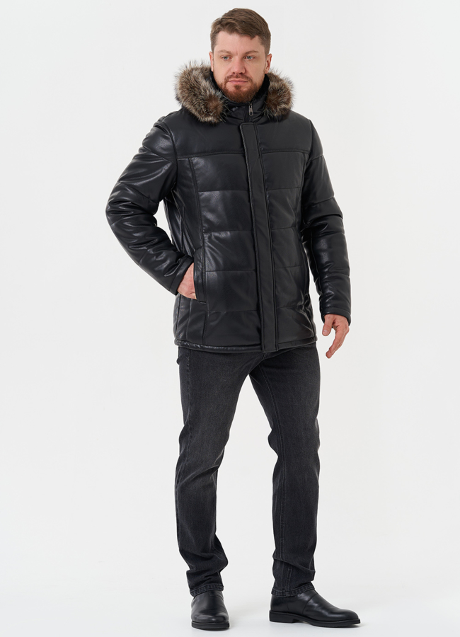 Куртка из эко кожи с отделкой из меха енота модель № 28583 в рассрочку