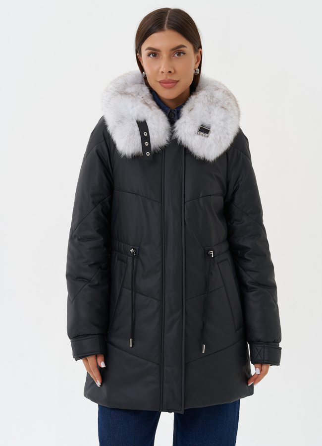 фото Пуховик из эко кожи с мехом модель № 27724