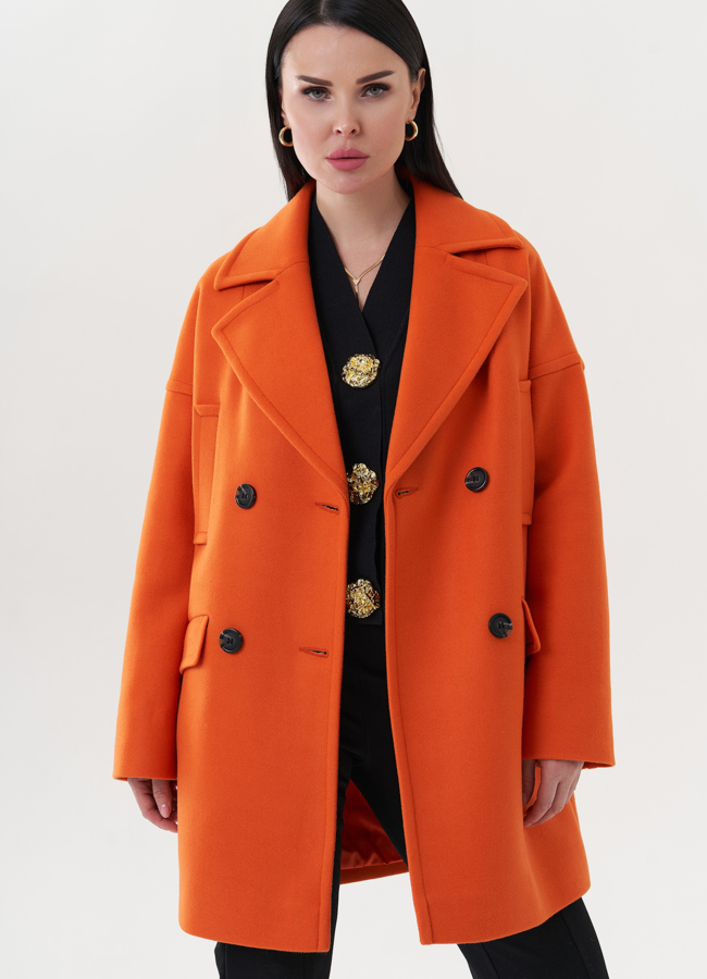 Двубортное пальто оранжевого цвета модель № 26783 в рассрочку
