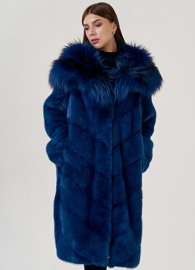 Шуба из норки синего цвета модель № 77068 меха малина