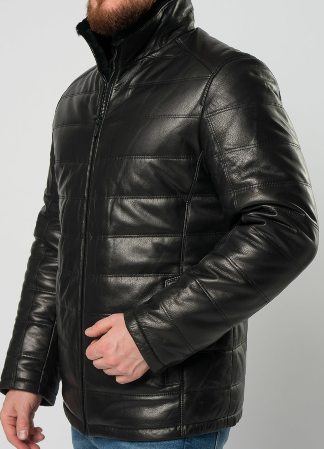 Мужской пуховик из натуральной кожи с отделкой из овчины модель № 21916 универмаг малина