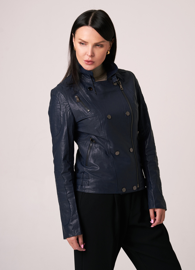 Куртка из натуральной кожи синего цвета модель № 5244-1 универмаг малина