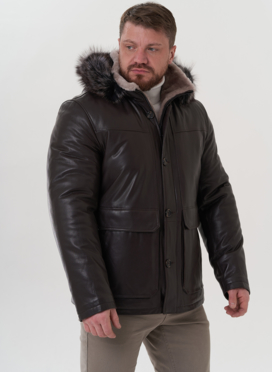 Пуховик из натуральной кожи с капюшоном