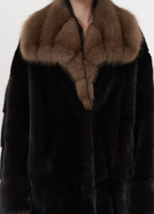 Норковая шуба с воротником из куницы модель № 26264 универмаг малина