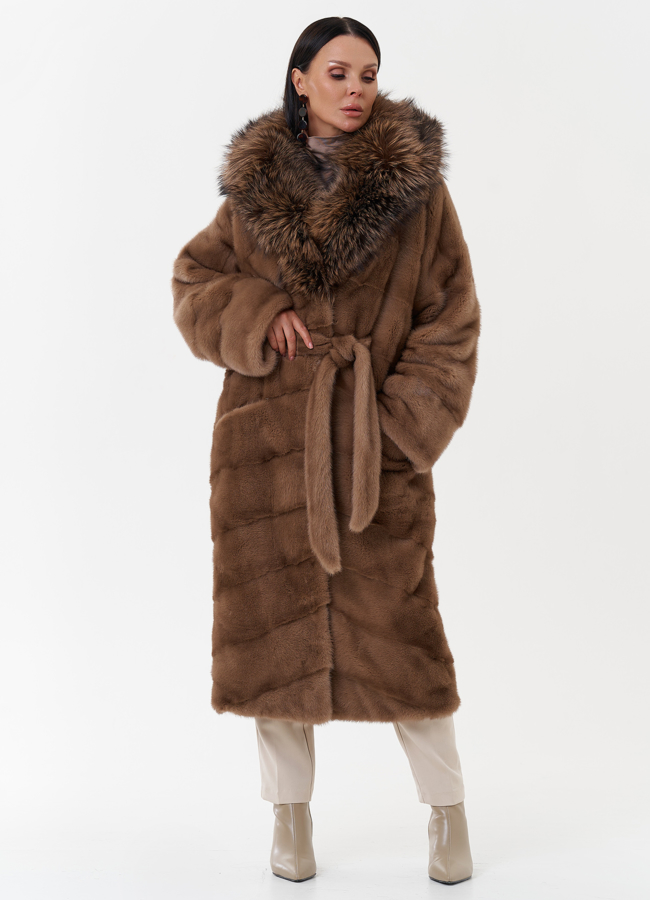 Женская норковая шуба с капюшоном из чернобурки модель № 27638 меха малина